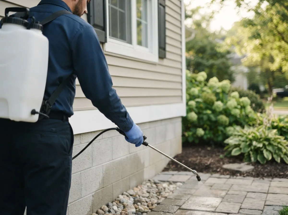 Pest control technician inspecting a home in Littlefork, MN